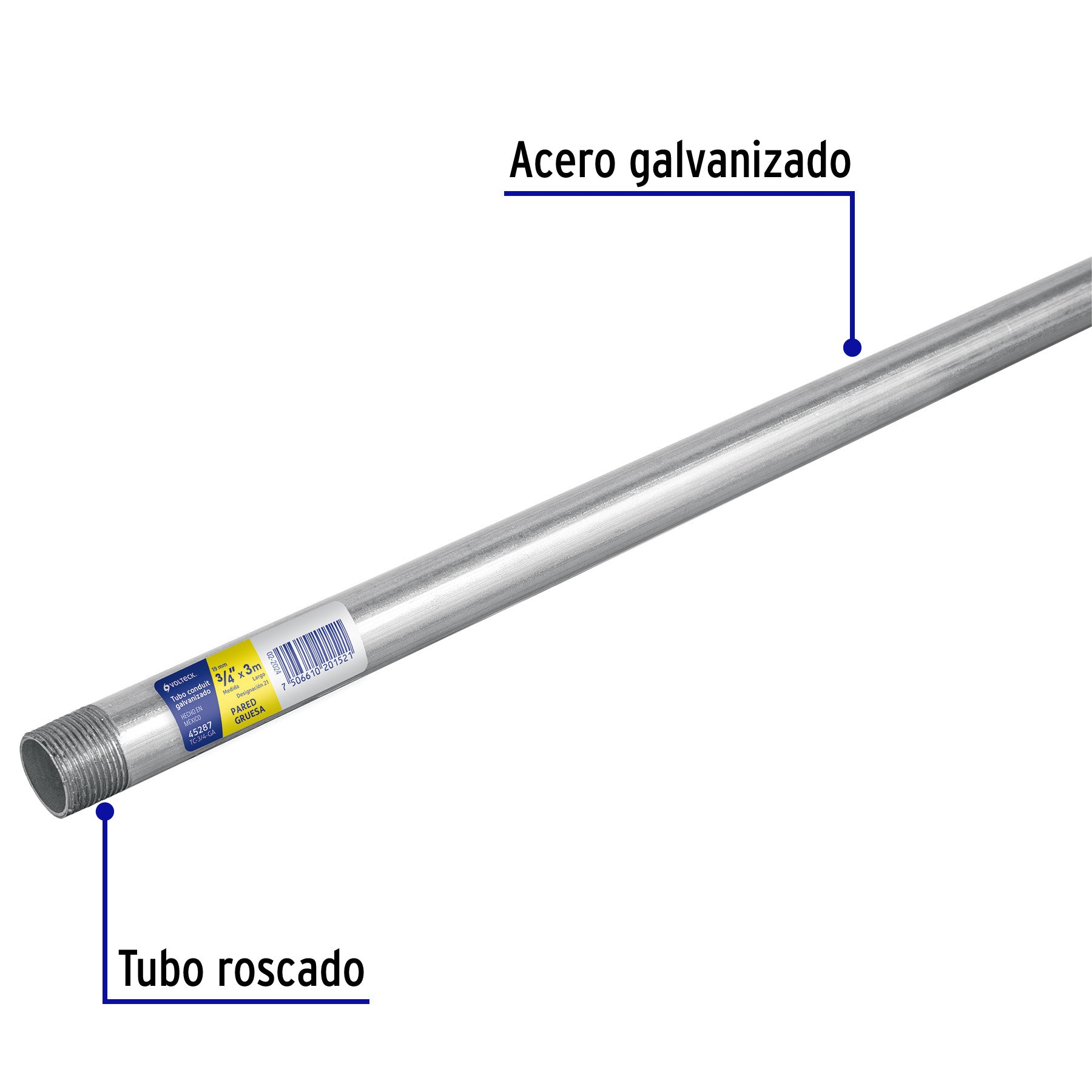 Tubo Conduit 3/4' galvanizado 3 m pared gruesa, et. Amarilla