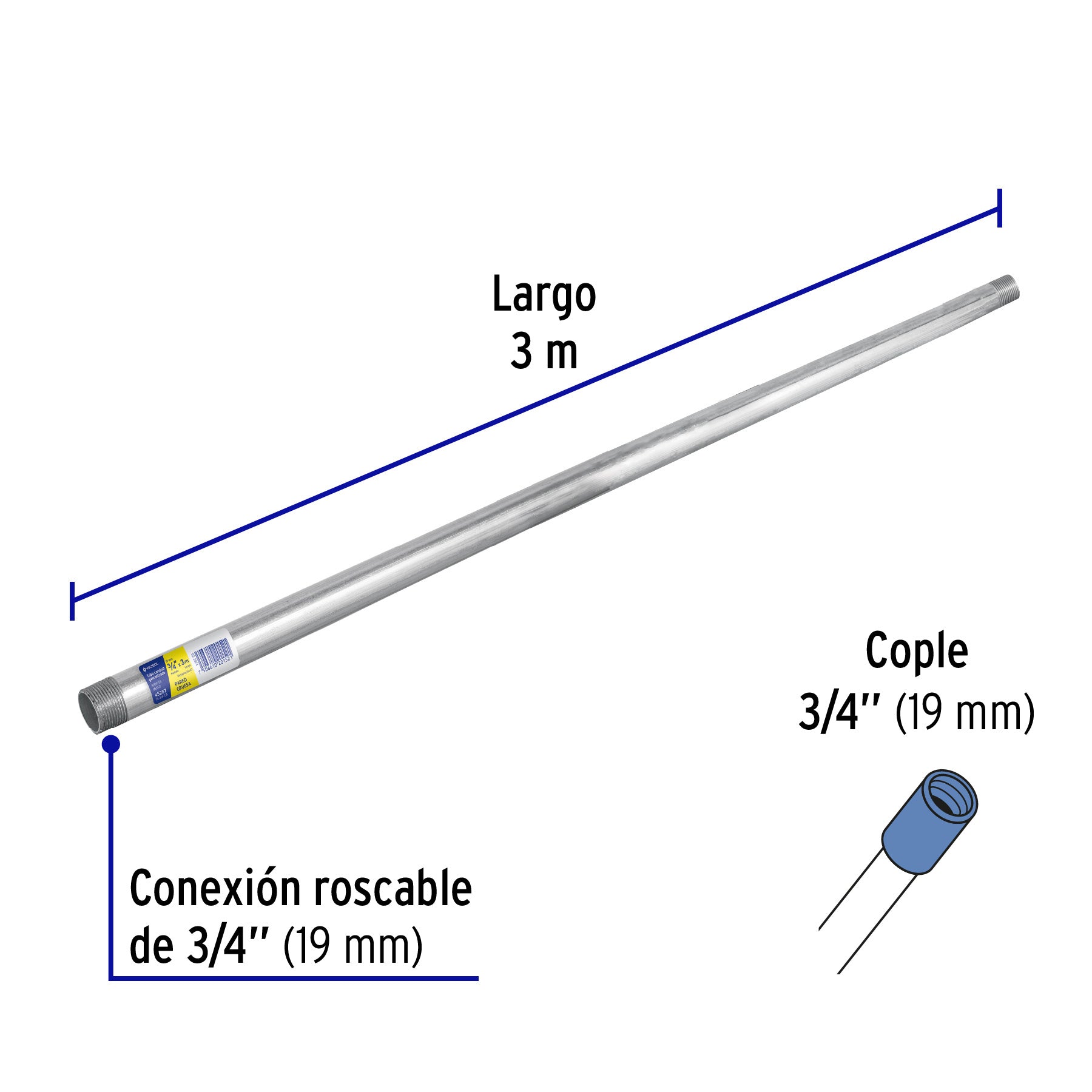 Tubo Conduit 3/4' galvanizado 3 m pared gruesa, et. Amarilla