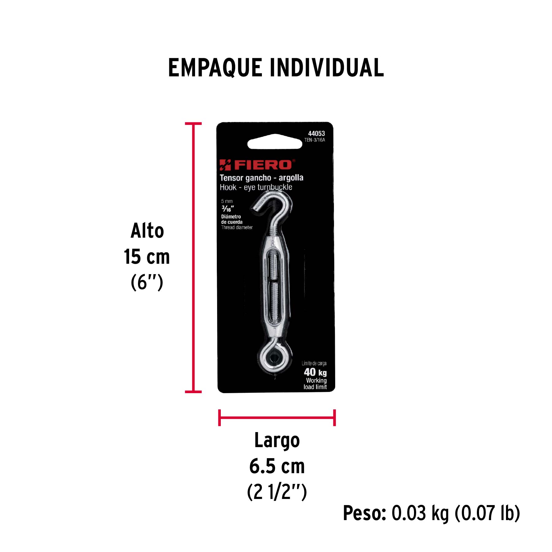 Tensor zinc, 3/16", gancho-argolla