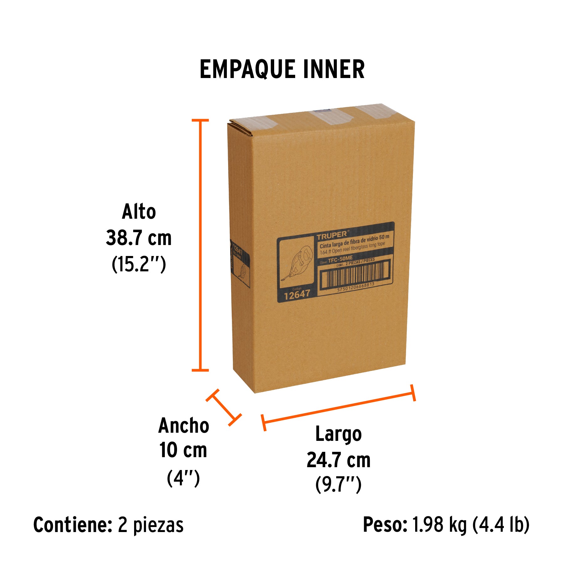 Cinta larga fibra de vidrio, tipo cruceta, 50 m, metálica