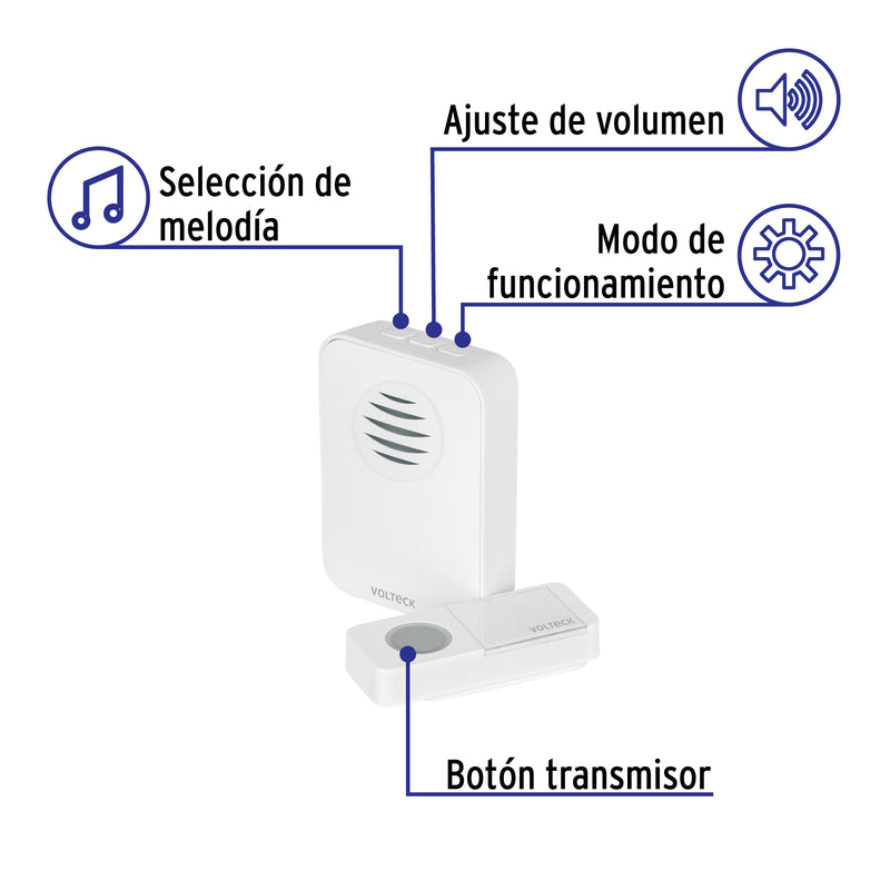 Timbre inalámbrico, 1 control, alcance de 50 m.