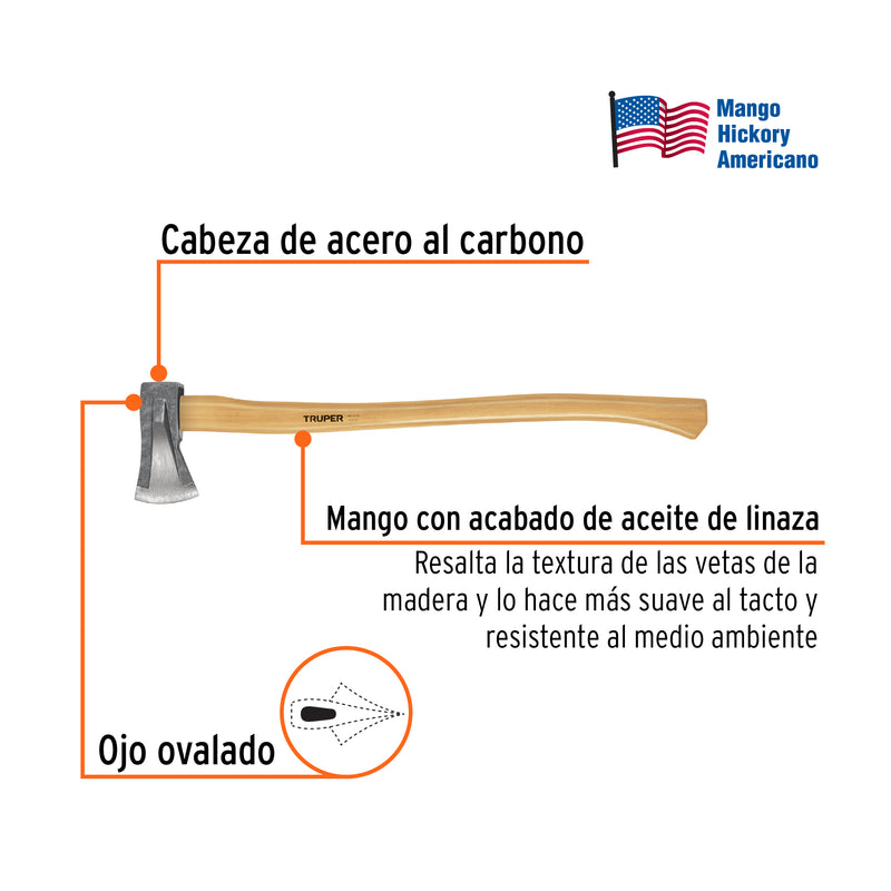 Hacha para rajar madera 2-1/4 lb, mango hickory 28', Truper