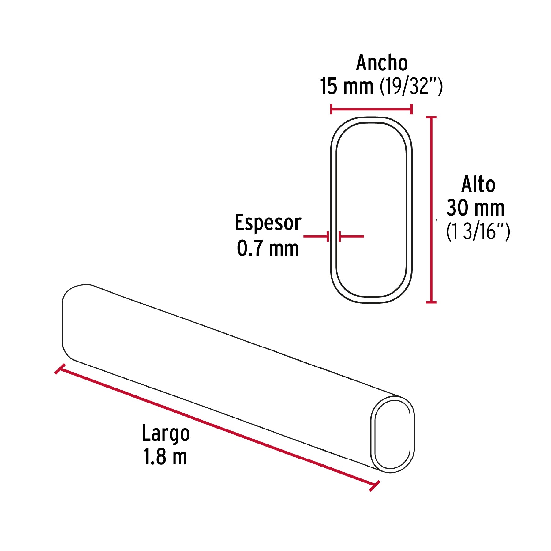 Tubo ovalado de 1.8 m en acero cromado para closet, Hermex