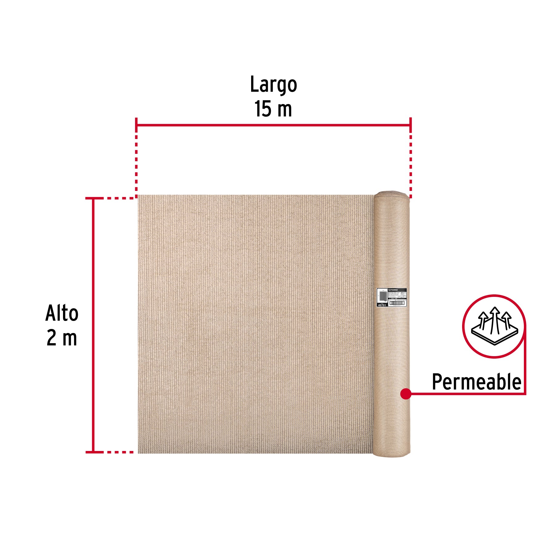 Rollo de malla sombra raschel 90% de 15m x 2m, beige, FIERO