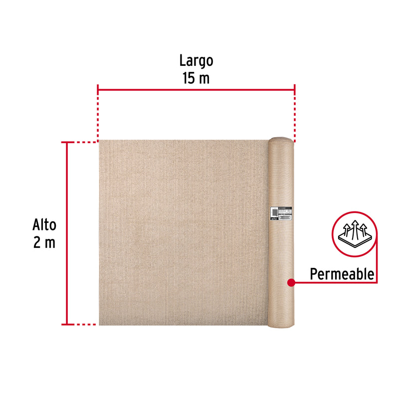 Rollo de malla sombra raschel 90% de 15m x 2m, beige, FIERO