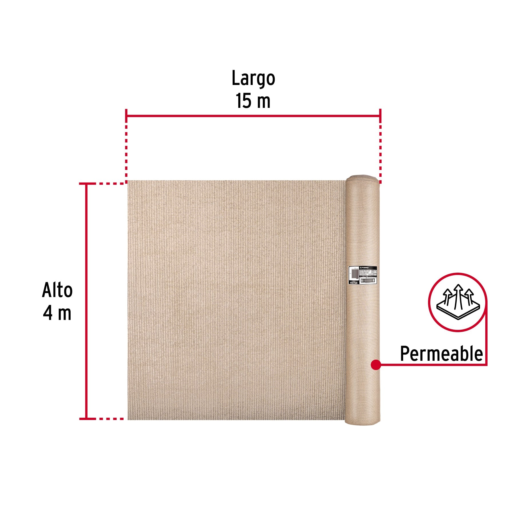 Rollo de malla sombra raschel 90% de 15m x 4m, beige, FIERO