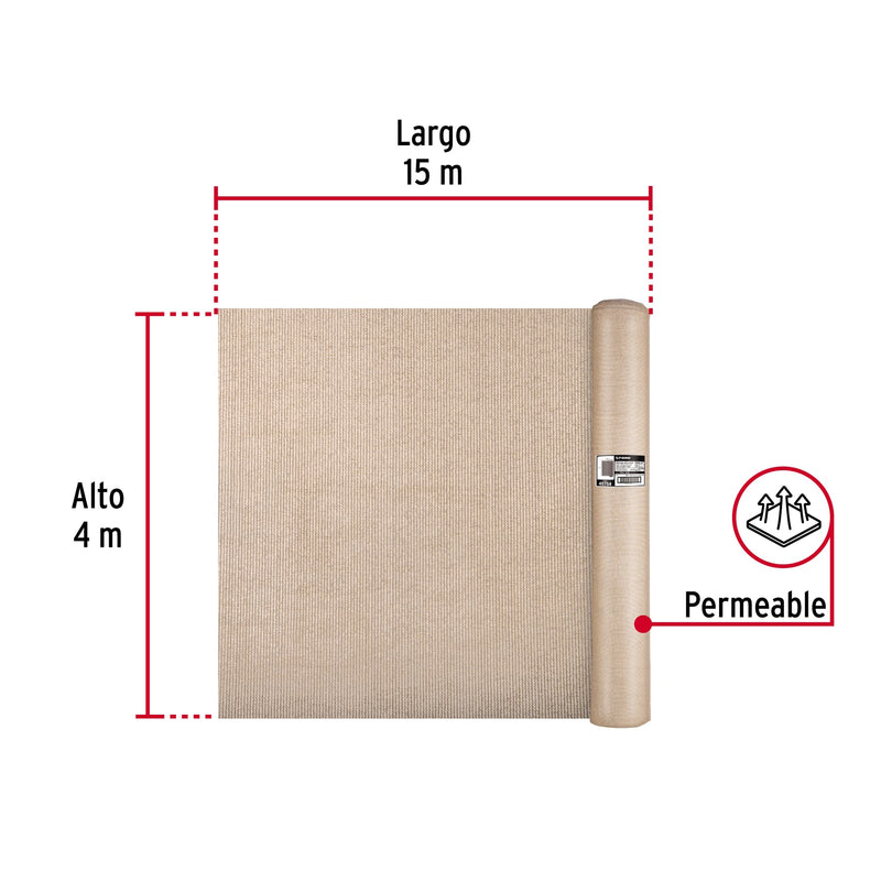 Rollo de malla sombra raschel 90% de 15m x 4m, beige, FIERO