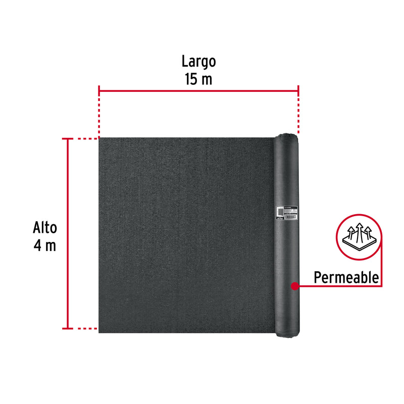 Rollo de malla sombra raschel 90% de 15m x 4m, negro, FIERO