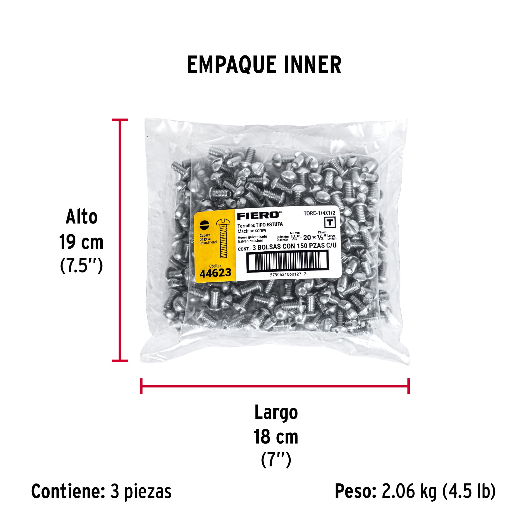 Tornillo acero galvanizado tipo estufa 1/4x1/2", 150 pzas