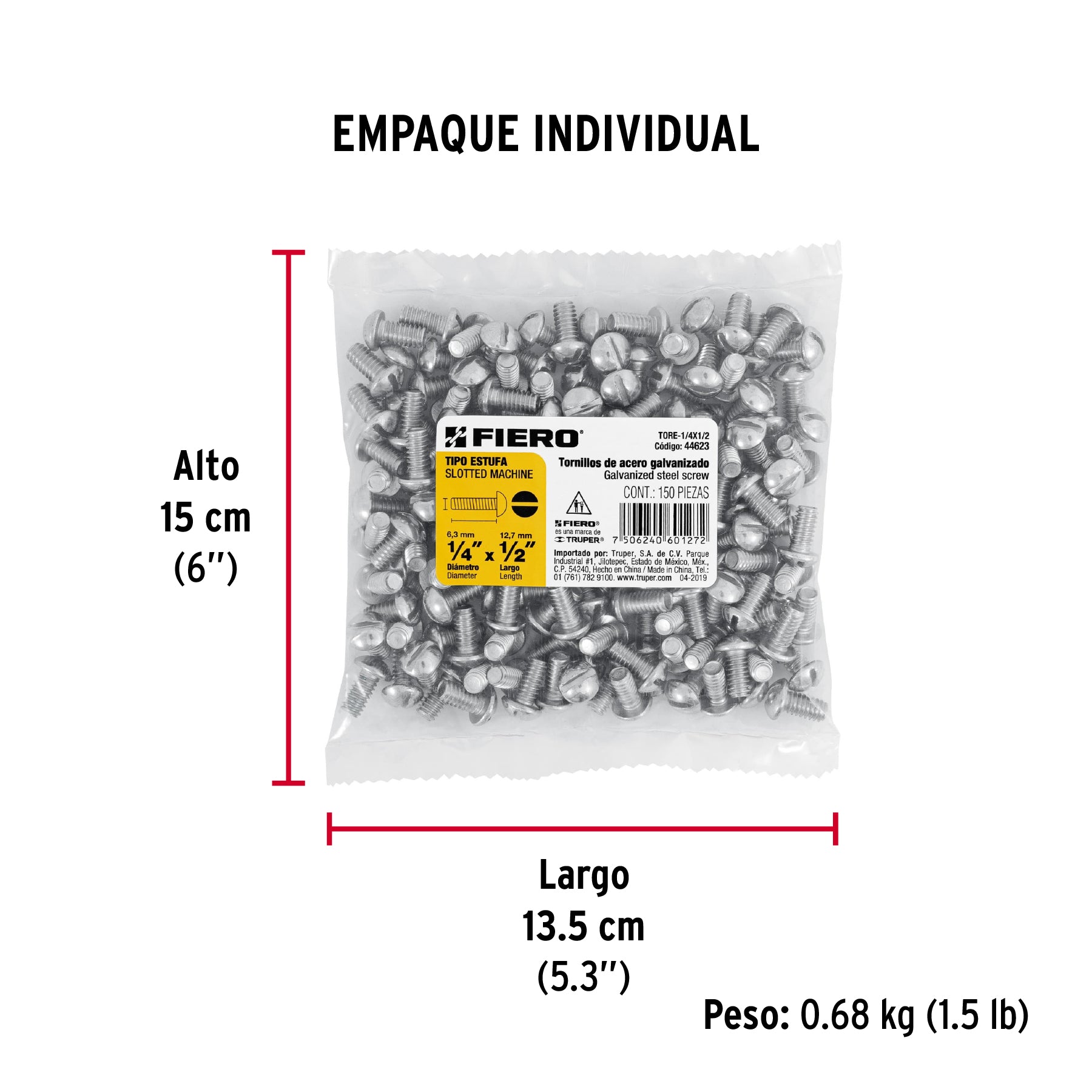 Tornillo acero galvanizado tipo estufa 1/4x1/2", 150 pzas