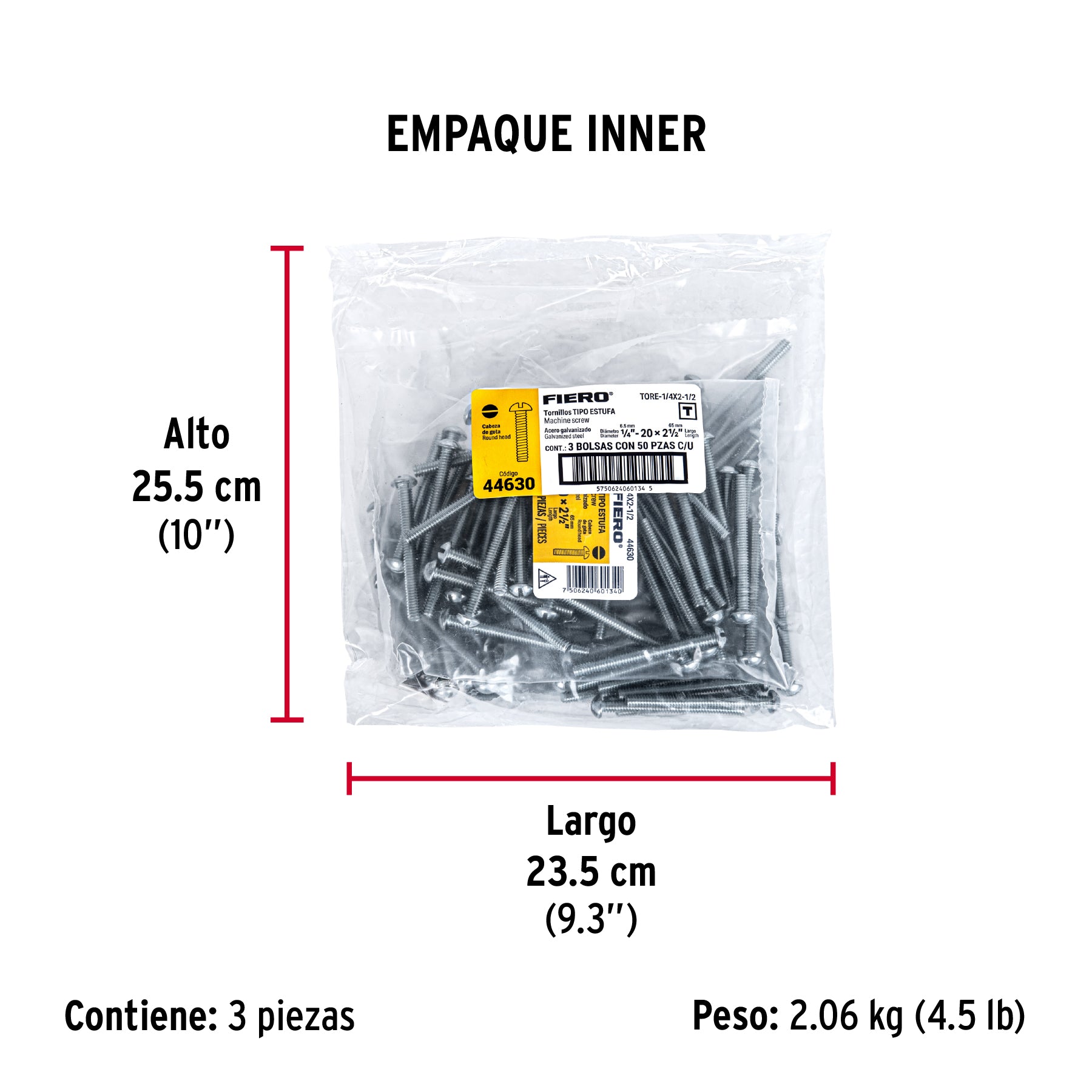 Tornillo acero galvanizado tipo estufa 1/4x2 1/2", 50 pzas