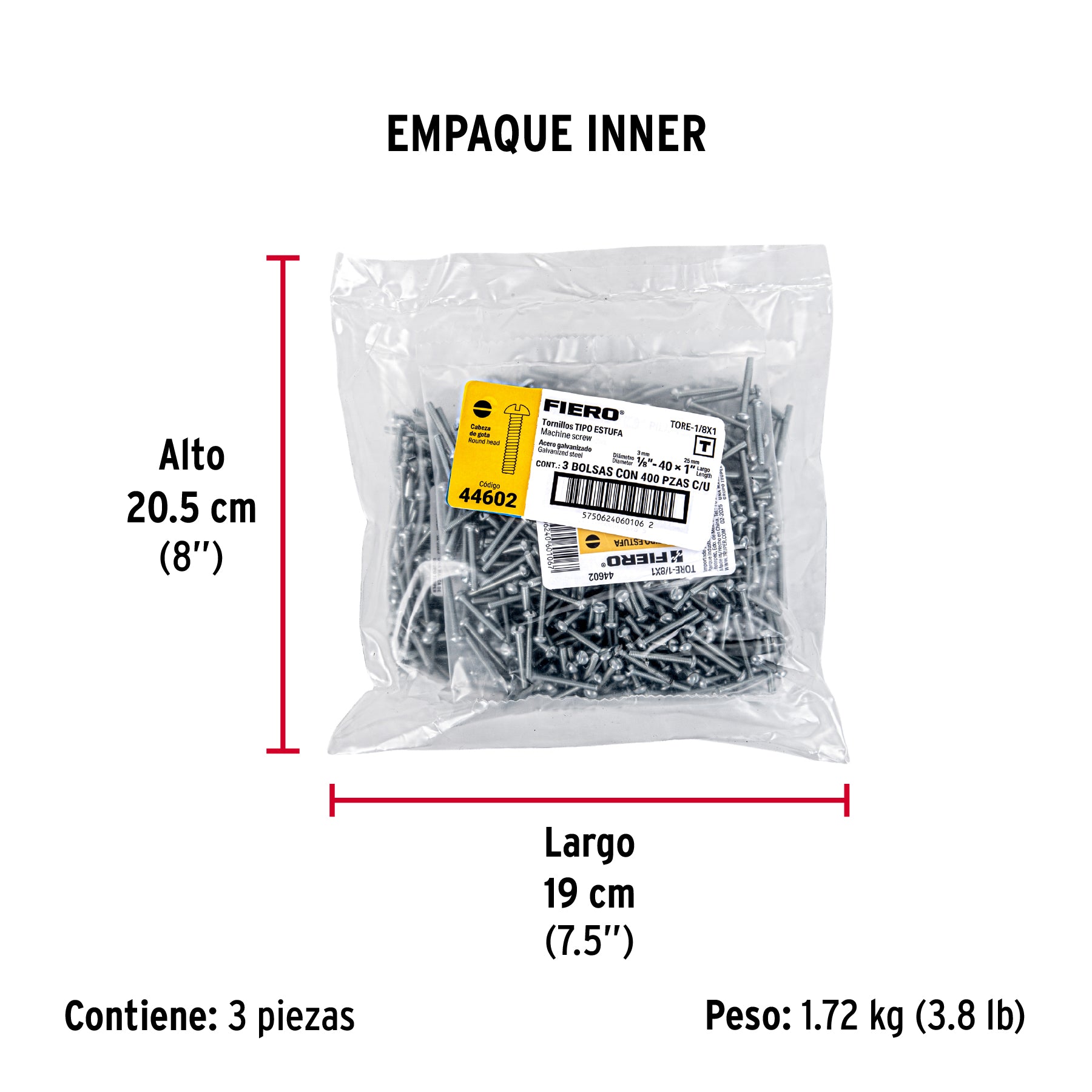 Tornillo acero galvanizado tipo estufa 1/8x1", 400 pzas