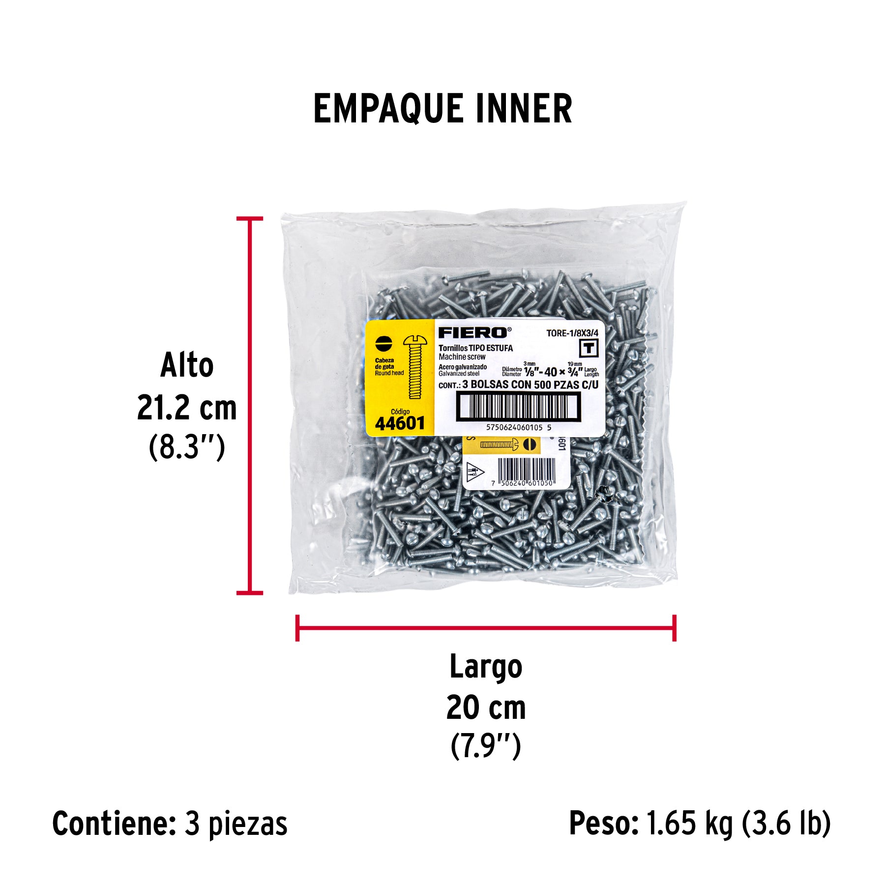 Tornillo acero galvanizado tipo estufa 1/8x3/4", 500 pzas