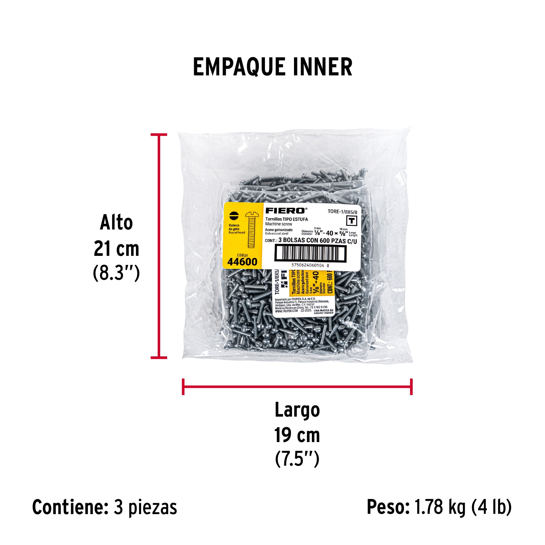 Tornillo acero galvanizado tipo estufa 1/8x5/8", 600 pzas