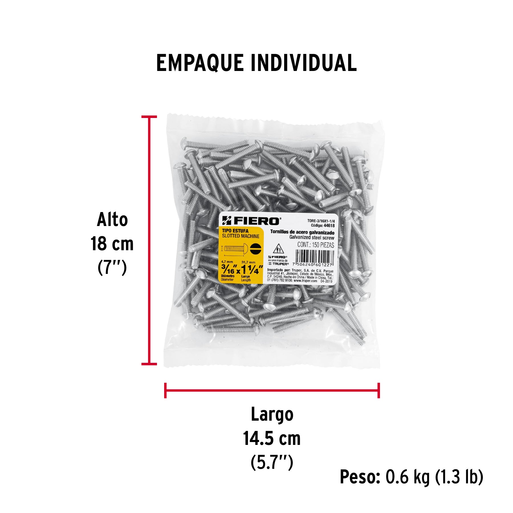 Tornillo acero galvanizado tipo estufa 3/16x1 1/4",150 pzas