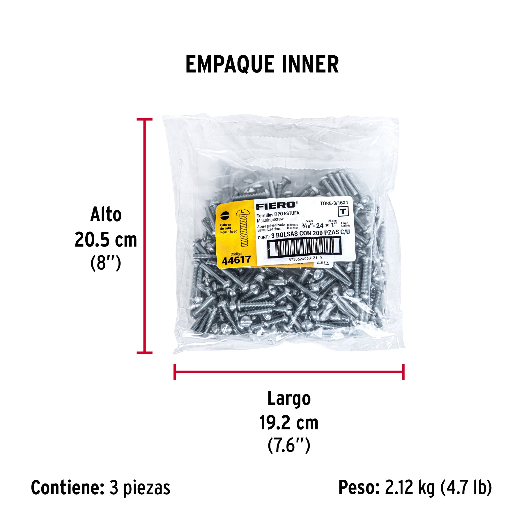 Tornillo acero galvanizado tipo estufa 3/16x1", 200 pzas