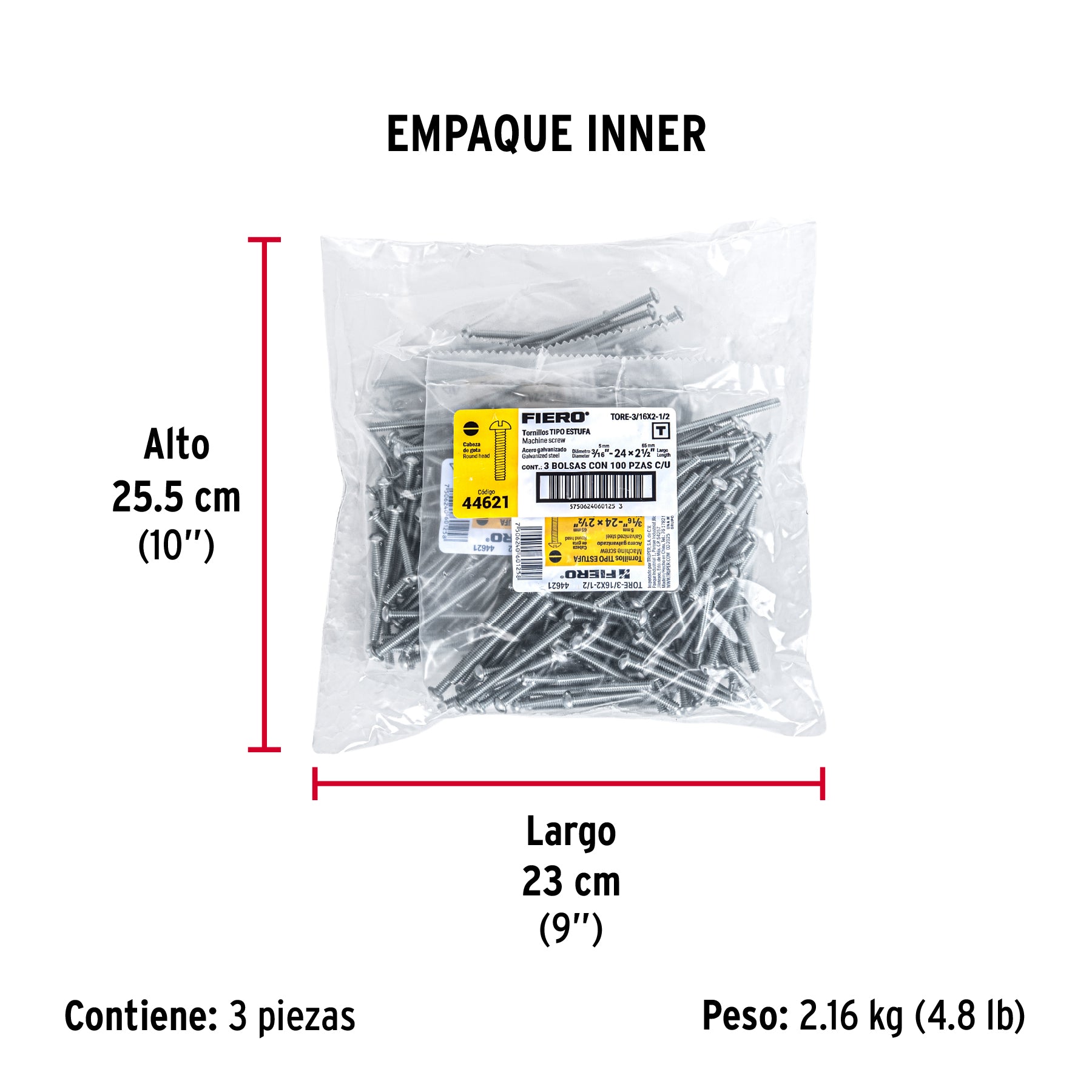 Tornillo acero galvanizado tipo estufa 3/16x2 1/2",100 pzas