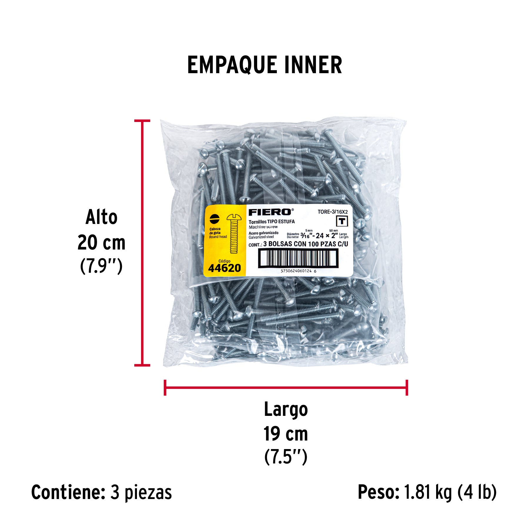 Tornillo acero galvanizado tipo estufa 3/16 x 2", 100 pzas