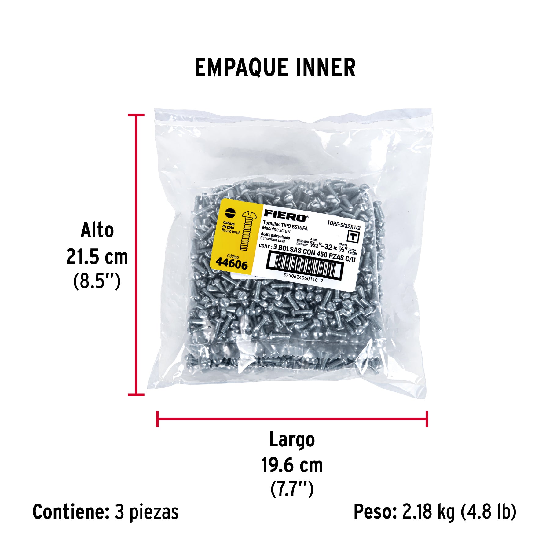 Tornillo acero galvanizado tipo estufa 5/32x1/2", 450 pzas