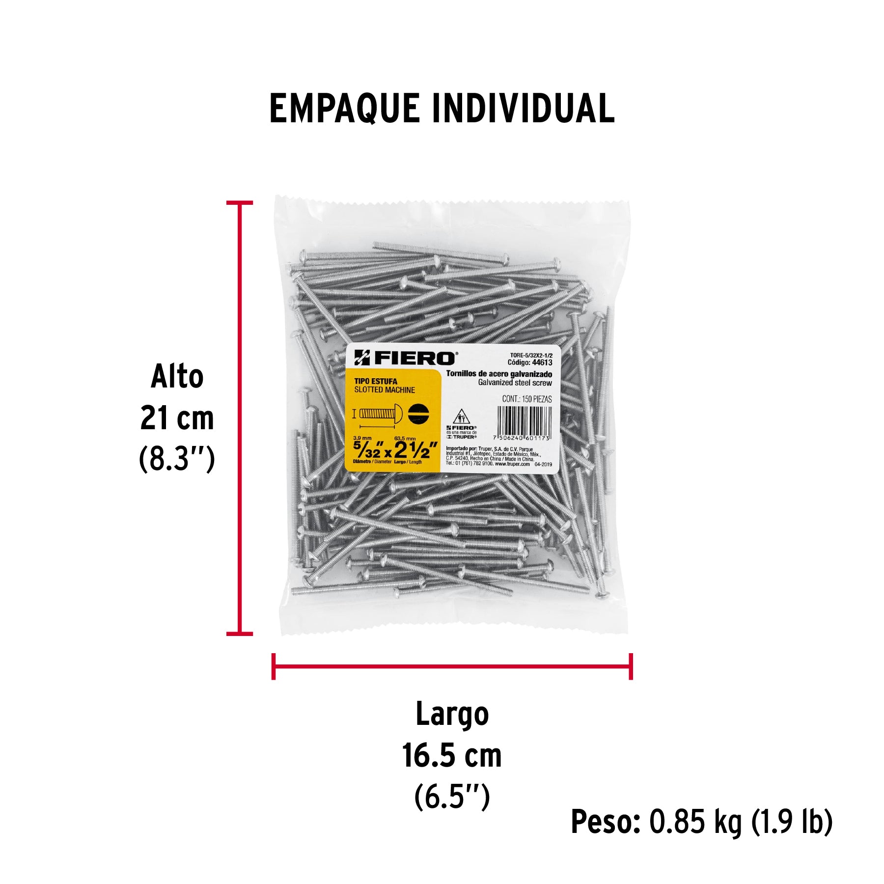 Tornillo acero galvanizado tipo estufa 5/32x2 1/2",150 pzas