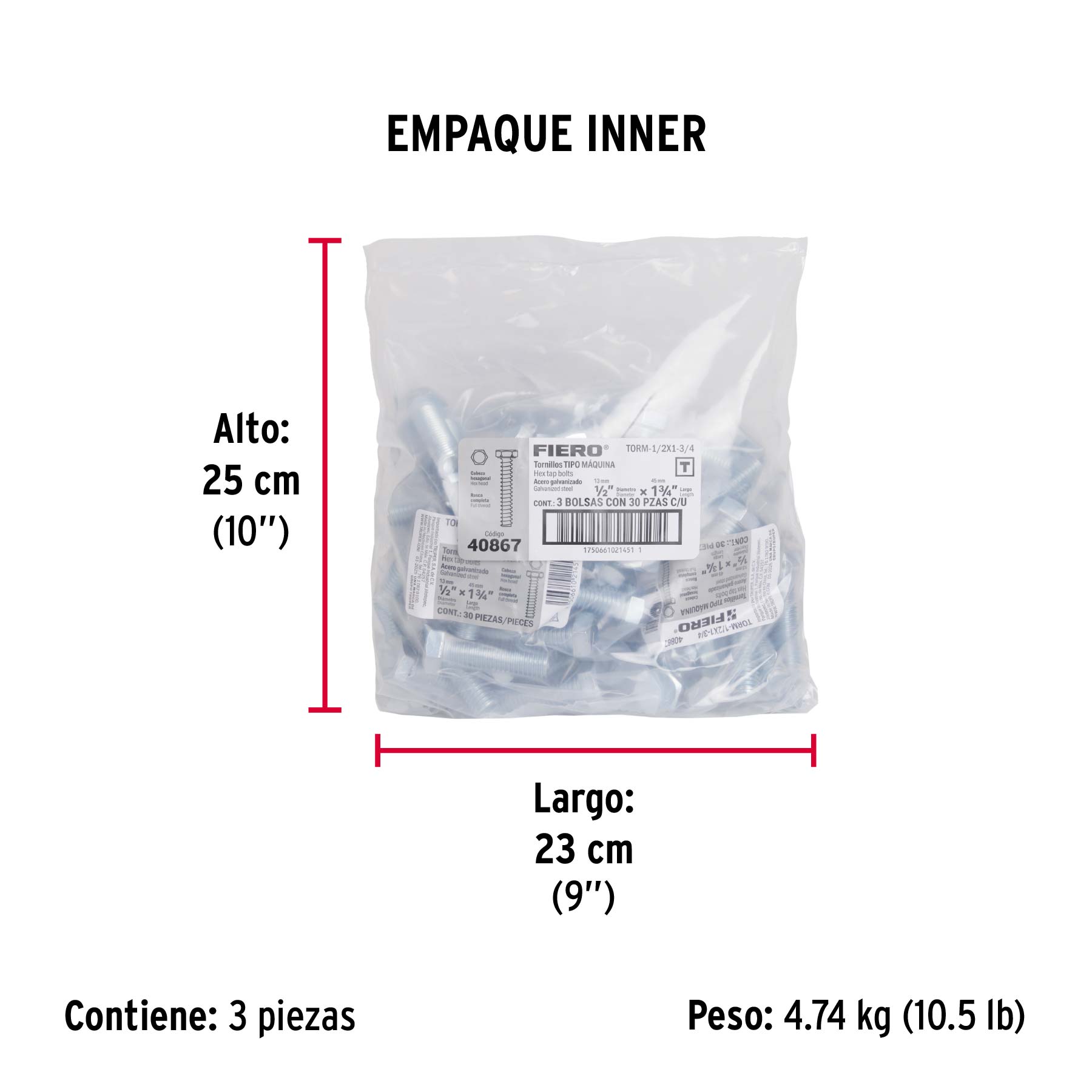 Bolsa con 30 tornillos 1/2' x 1-3/4' tipo máquina, FIERO