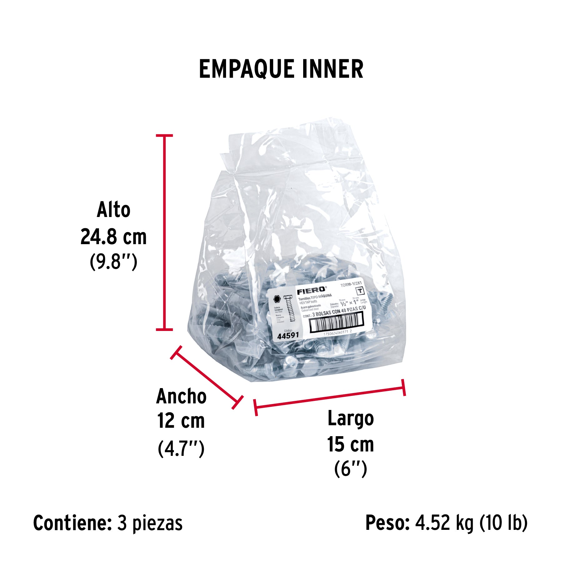 Tornillo acero galvanizado tipo máquina 1/2x1", 40 pzas