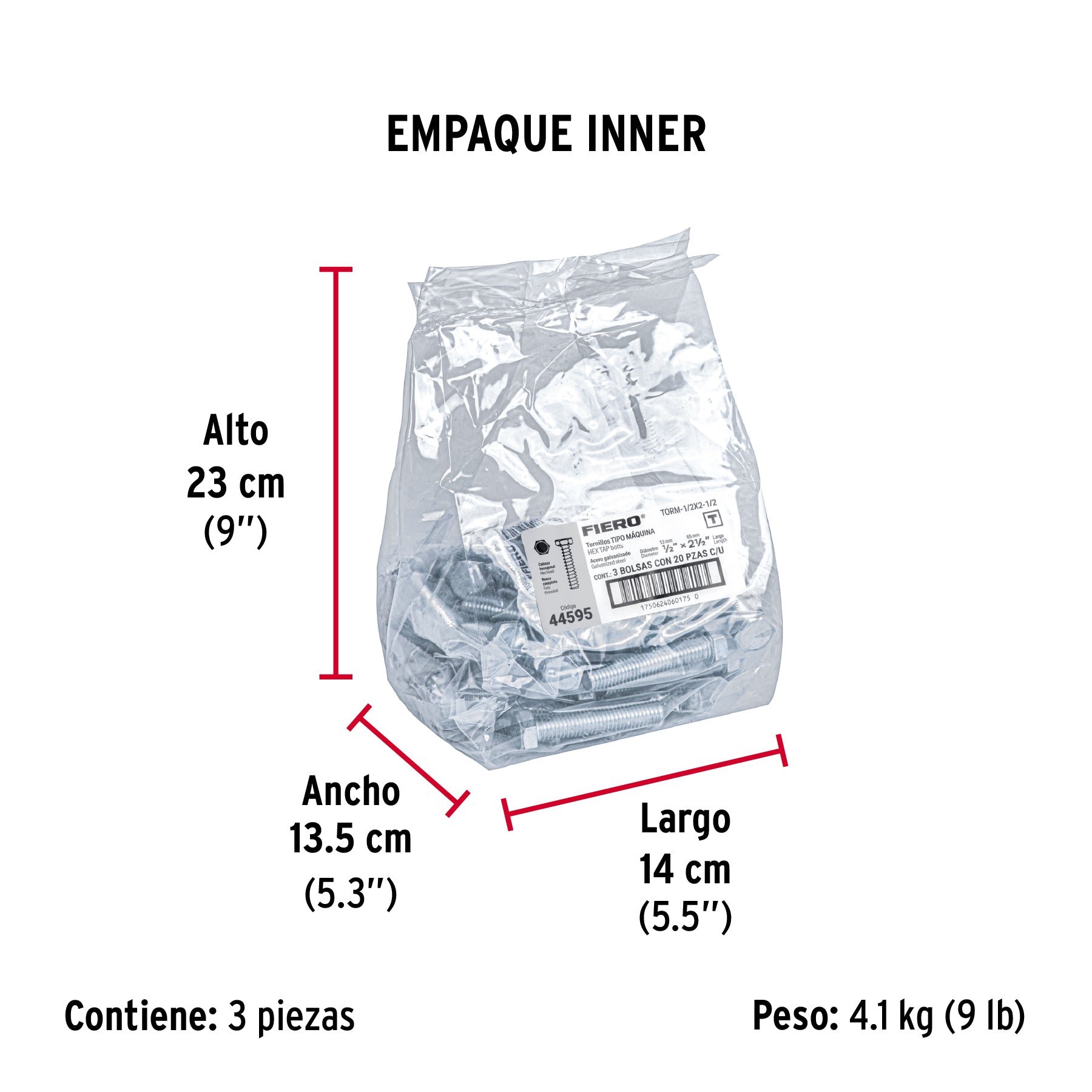Tornillo acero galvanizado tipo máquina 1/2x2 1/2",20 pzas