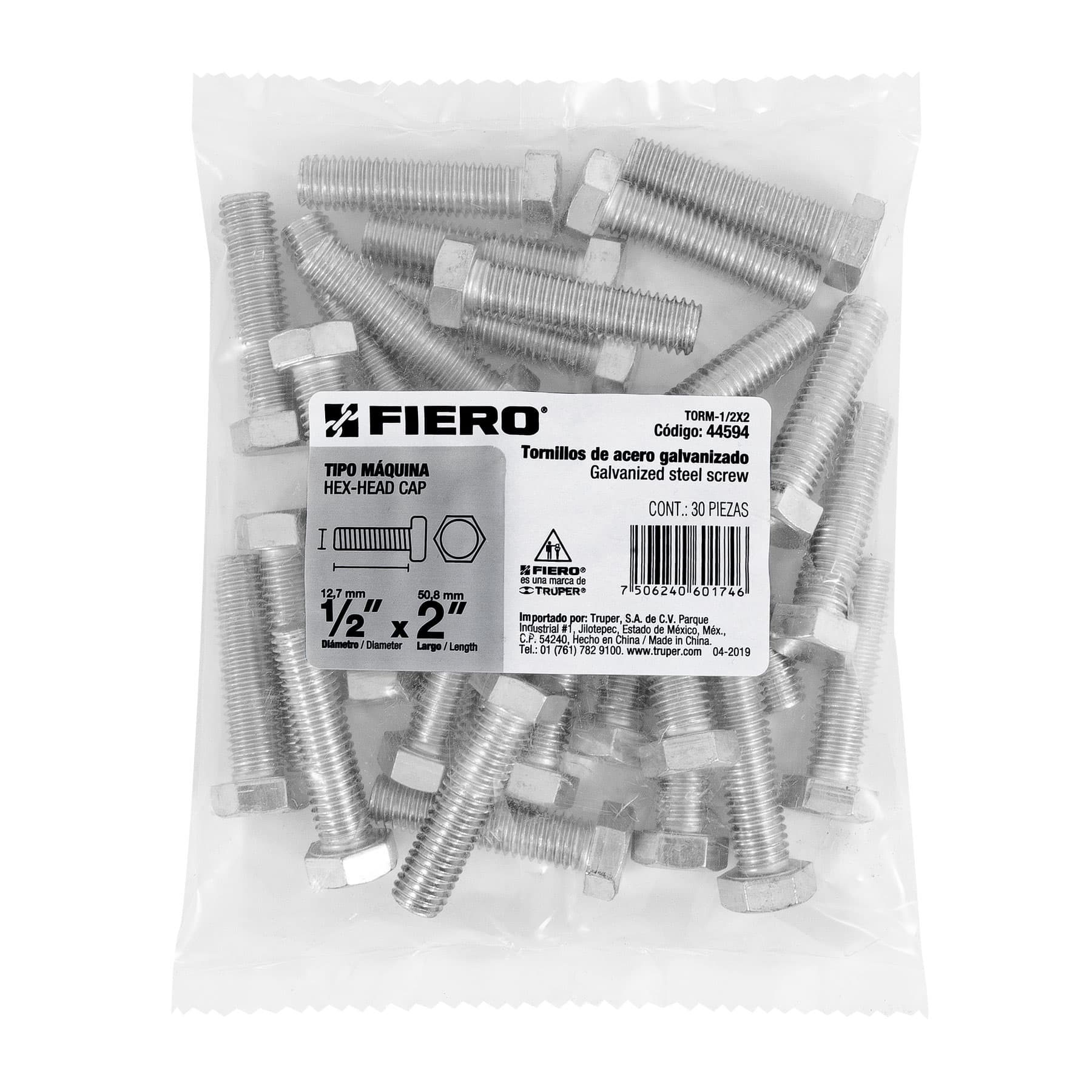 Tornillo acero galvanizado tipo máquina 1/2x2", 30 pzas