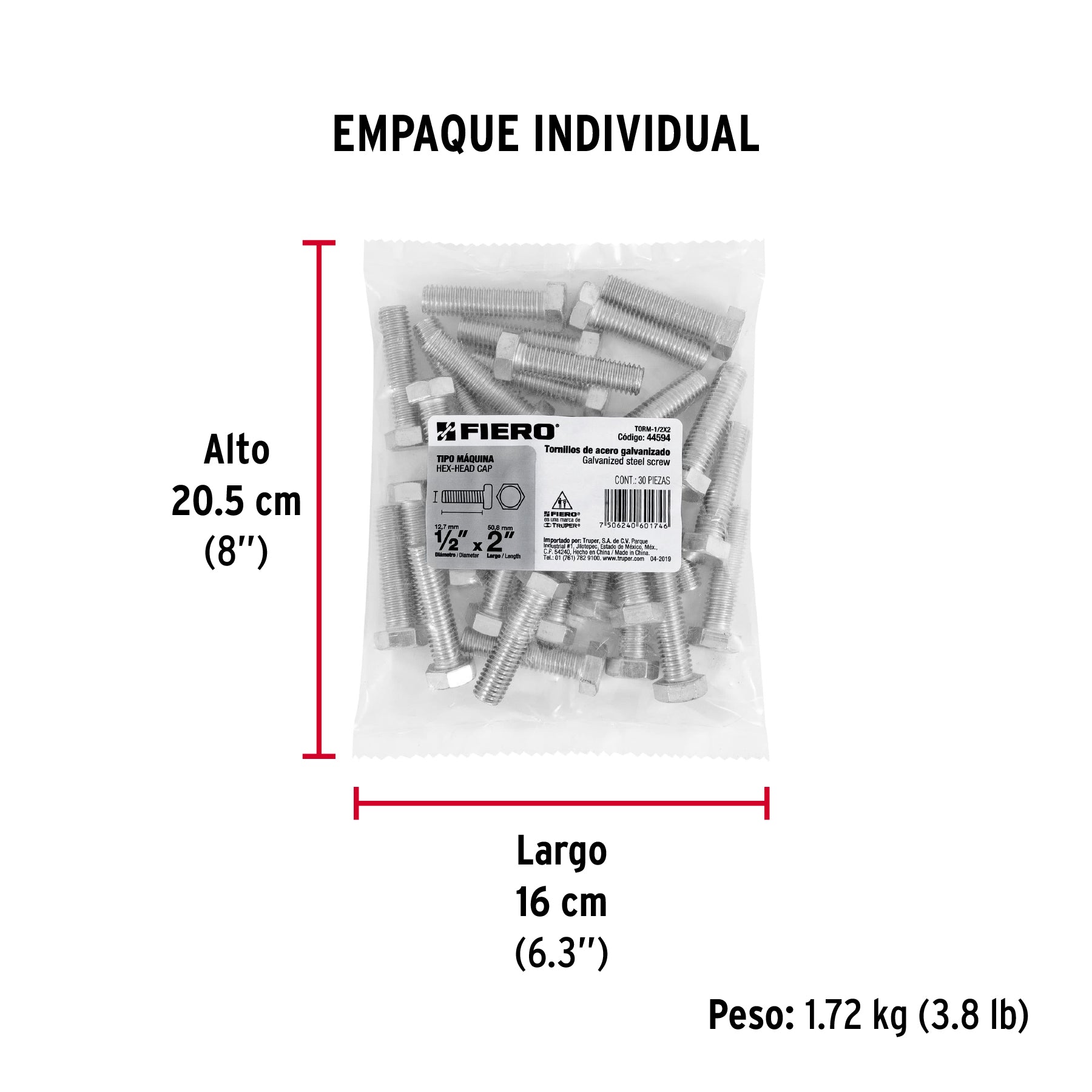 Tornillo acero galvanizado tipo máquina 1/2x2", 30 pzas