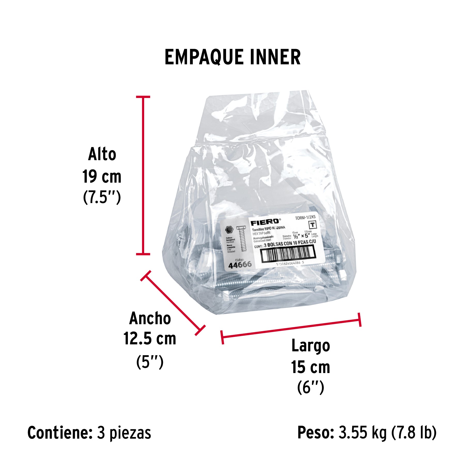Tornillo acero galvanizado tipo máquina, 1/2X5", 10 pzas