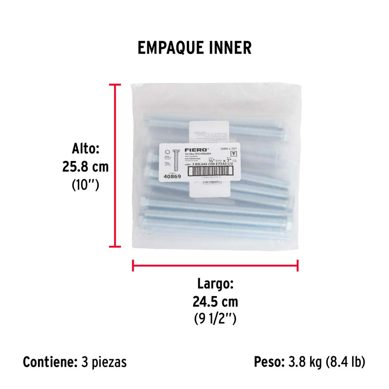 Bolsa con 8 tornillos 1/2' x 7' tipo máquina, FIERO