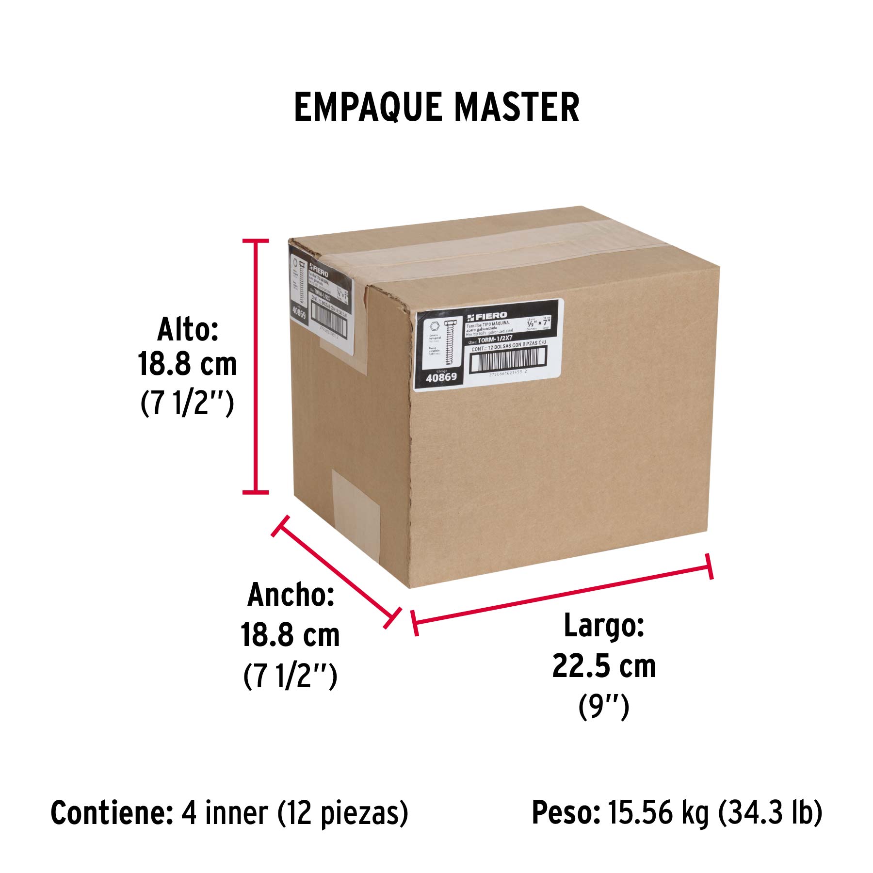 Bolsa con 8 tornillos 1/2' x 7' tipo máquina, FIERO