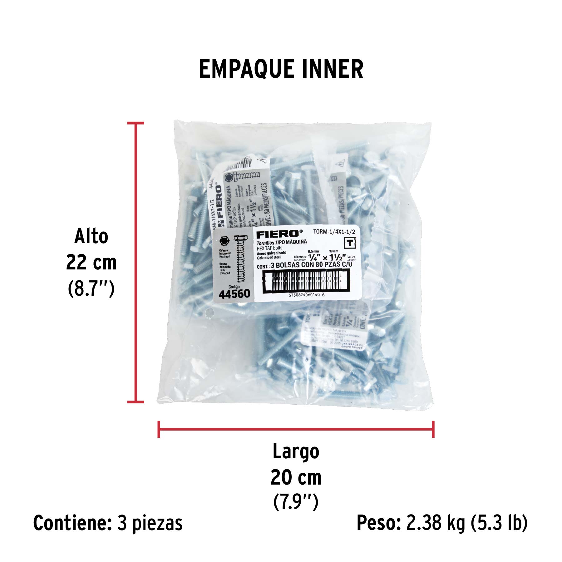 Tornillo acero galvanizado tipo máquina 1/4x1 1/2", 80 pzas