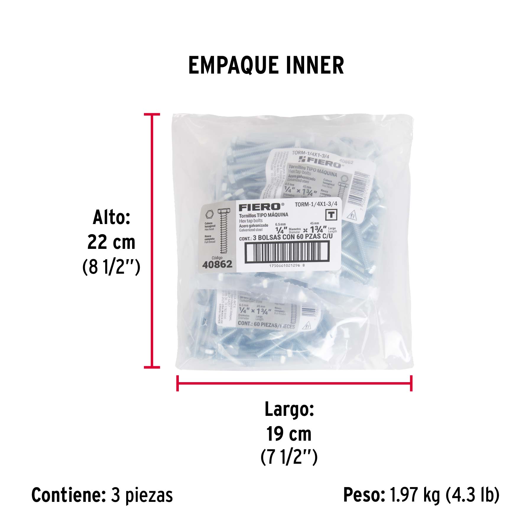 Bolsa con 60 tornillos 1/4' x 1-3/4' tipo máquina, FIERO