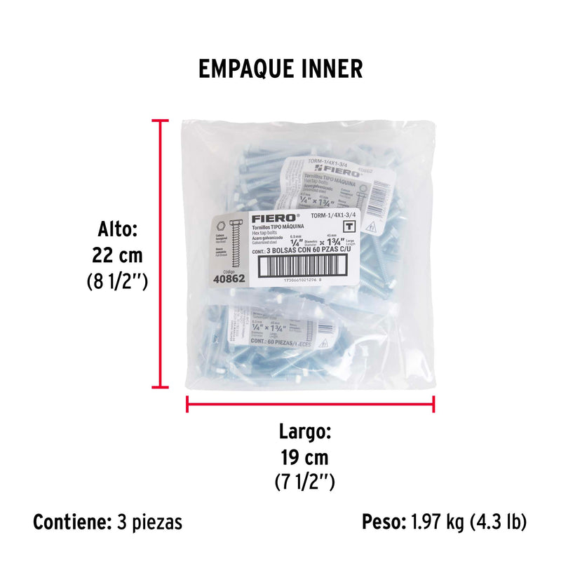 Bolsa con 60 tornillos 1/4' x 1-3/4' tipo máquina, FIERO