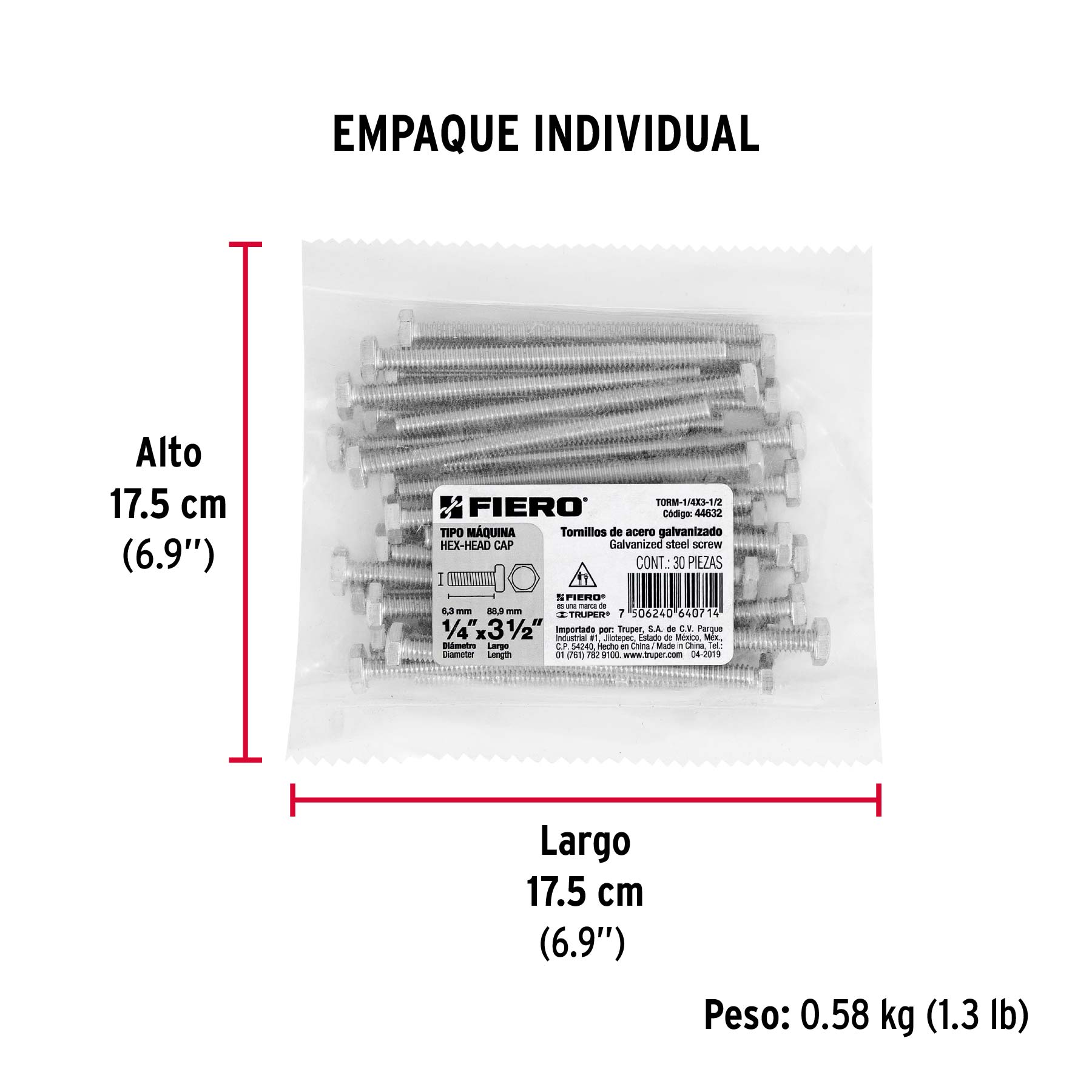 Tornillo acero galvanizado tipo máquina, 1/4X3-1/2", 30pzas