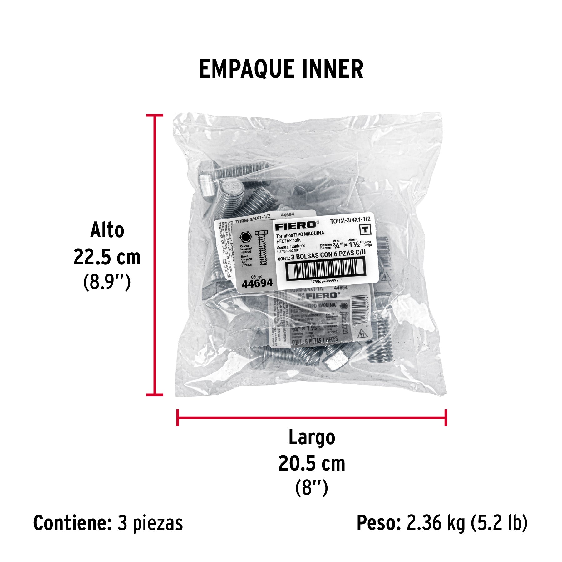 Tornillo acero galvanizado tipo máquina, 3/4X1-1/2", 6 pzas