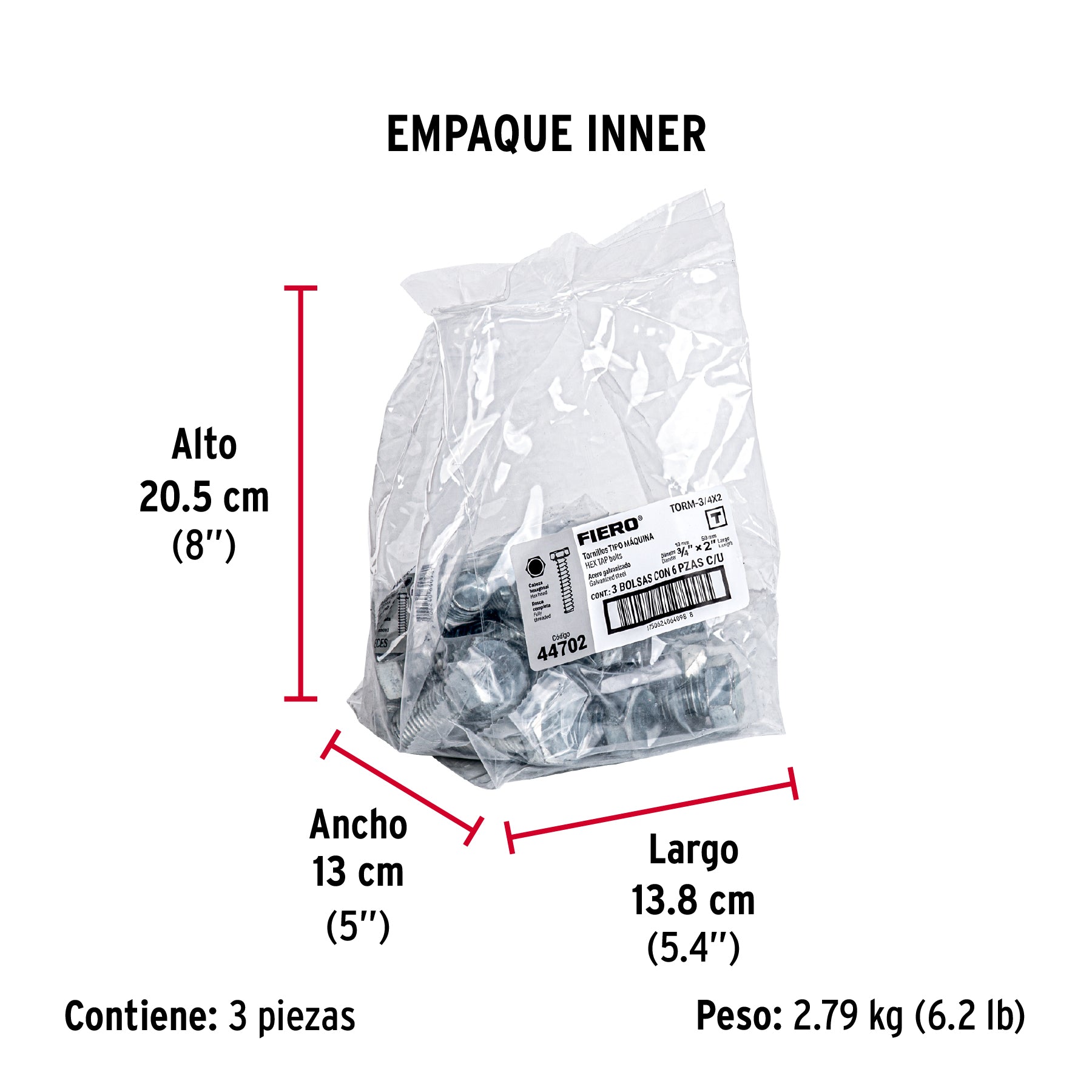 Tornillo acero galvanizado tipo máquina, 3/4X2", 6 pzas
