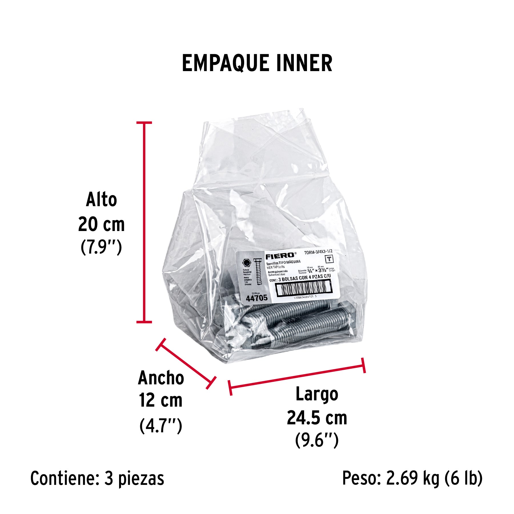 Tornillo acero galvanizado tipo máquina, 3/4X3-1/2", 4 pzas