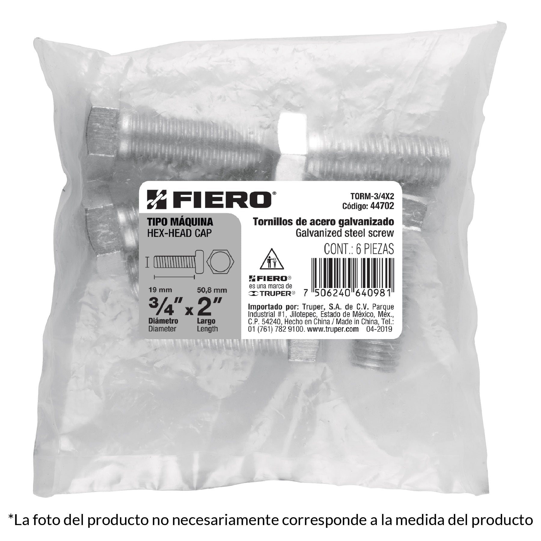 Tornillo acero galvanizado tipo máquina, 3/4X3", 4 pzas