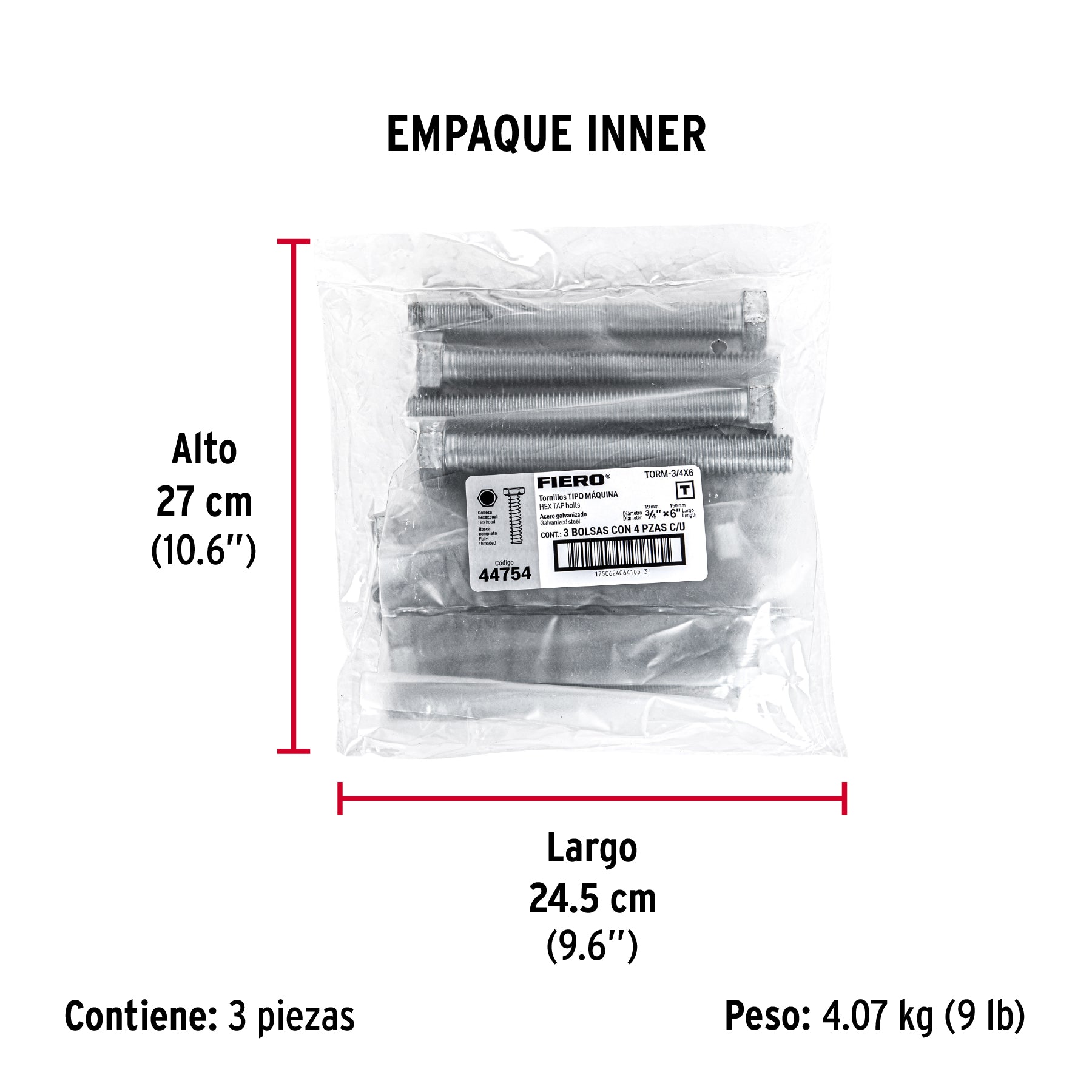 Tornillo acero galvanizado tipo máquina, 3/4X6", 4 pzas