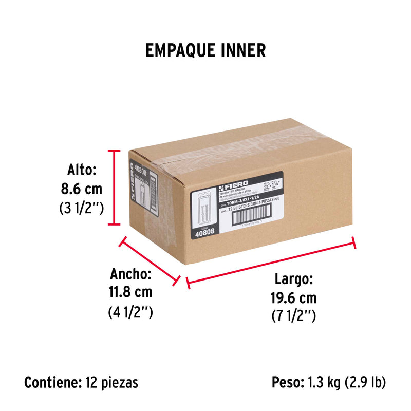Blíster con 4 tornillos 3/8' x 1-1/2' tipo máquina, FIERO
