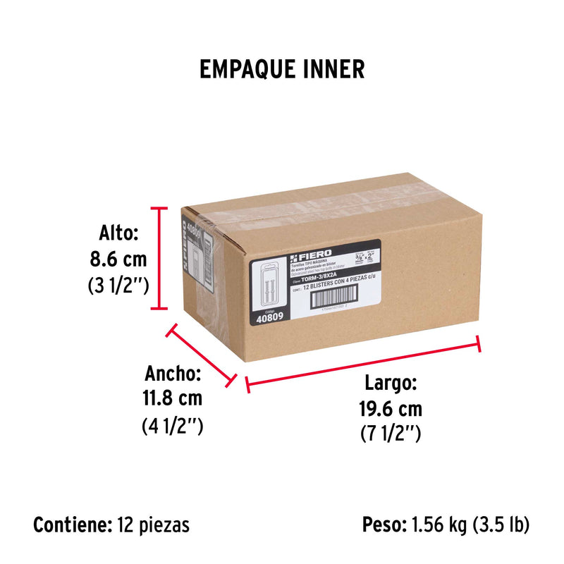 Blíster con 4 tornillos 3/8' x 2' tipo máquina, FIERO