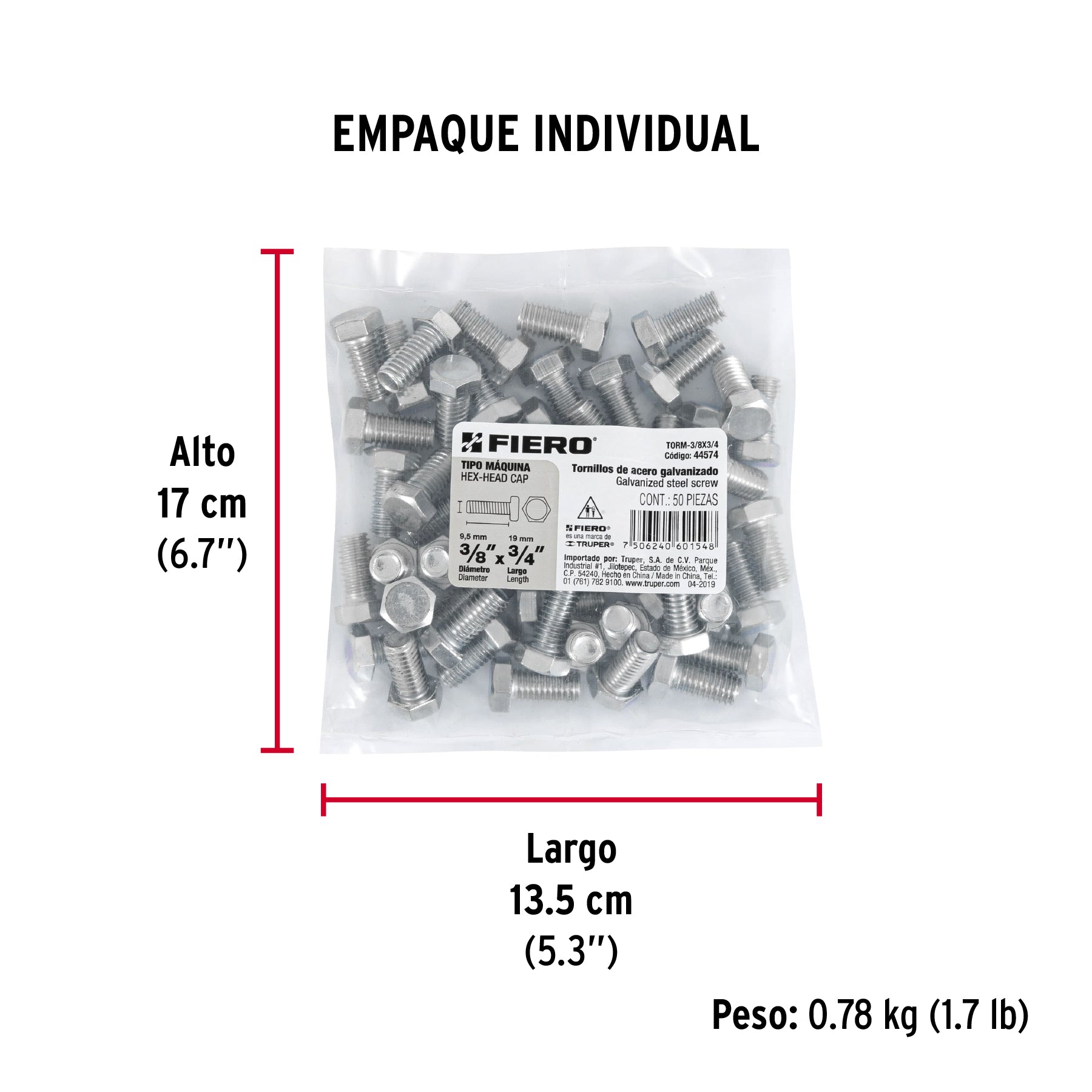 Tornillo acero galvanizado tipo máquina 3/8x3/4", 50 pzas