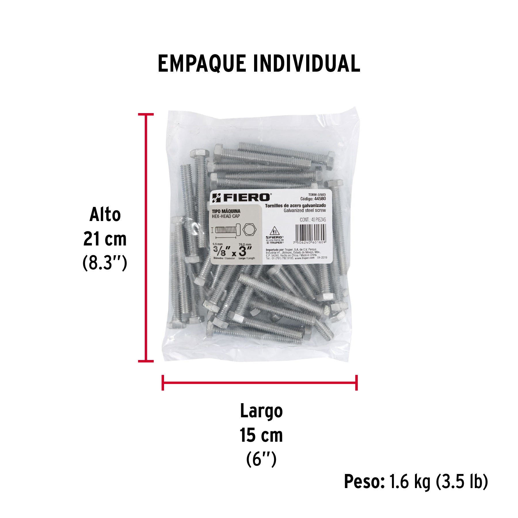 Tornillo acero galvanizado tipo máquina 3/8x3", 40 pzas