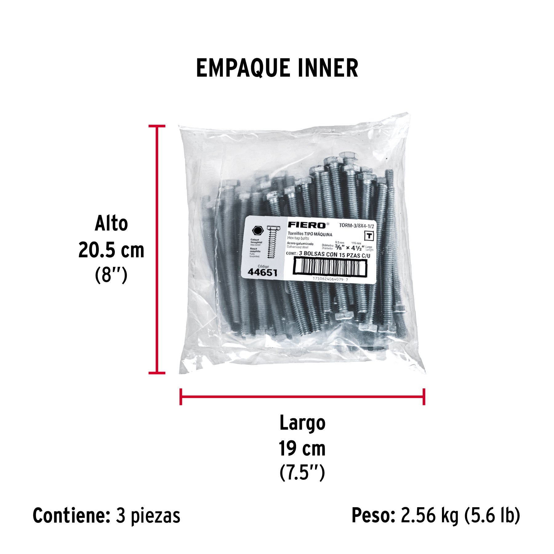 Tornillo acero galvanizado tipo máquina, 3/8X4-1/2", 15 pzas