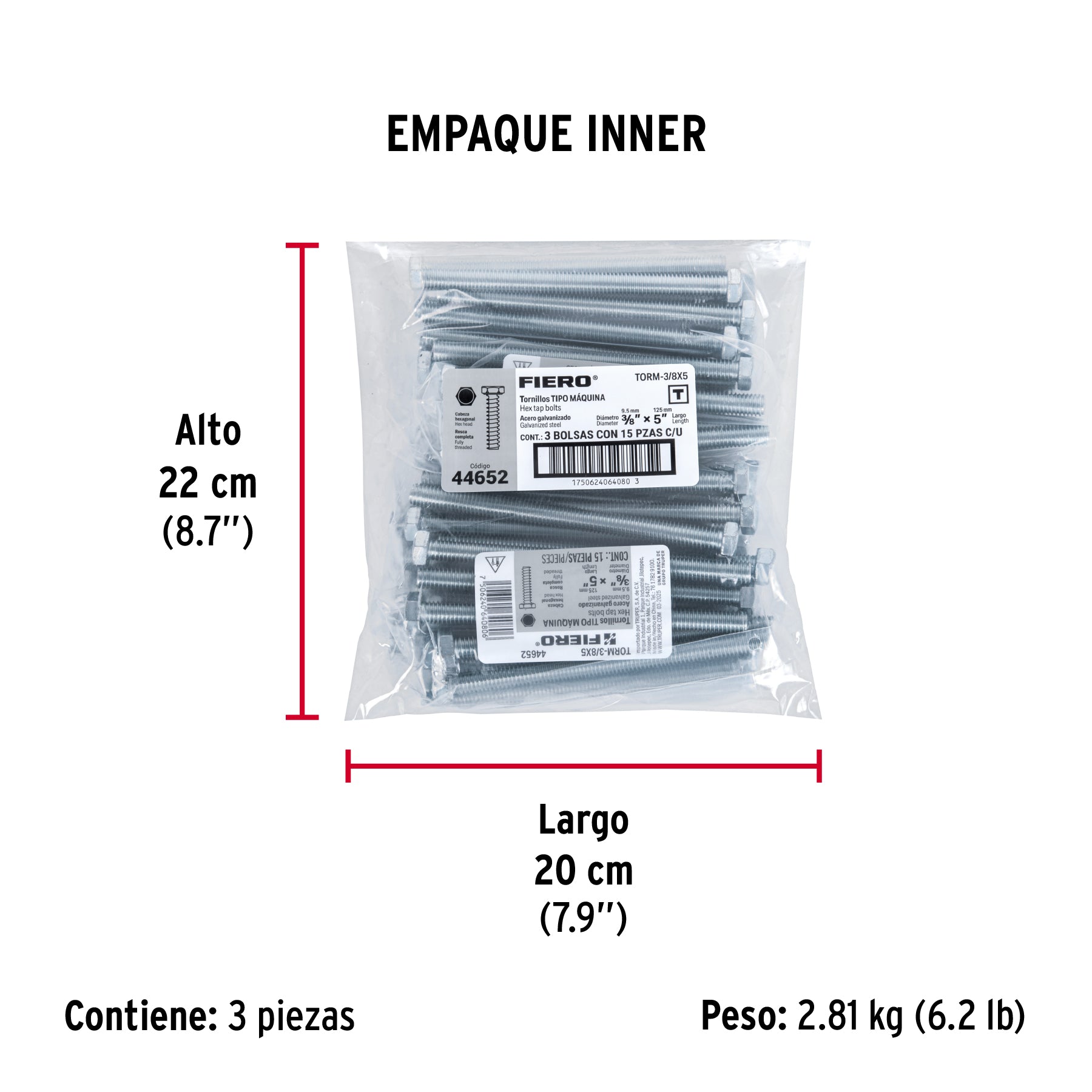 Tornillo acero galvanizado tipo máquina, 3/8X5", 15 pzas