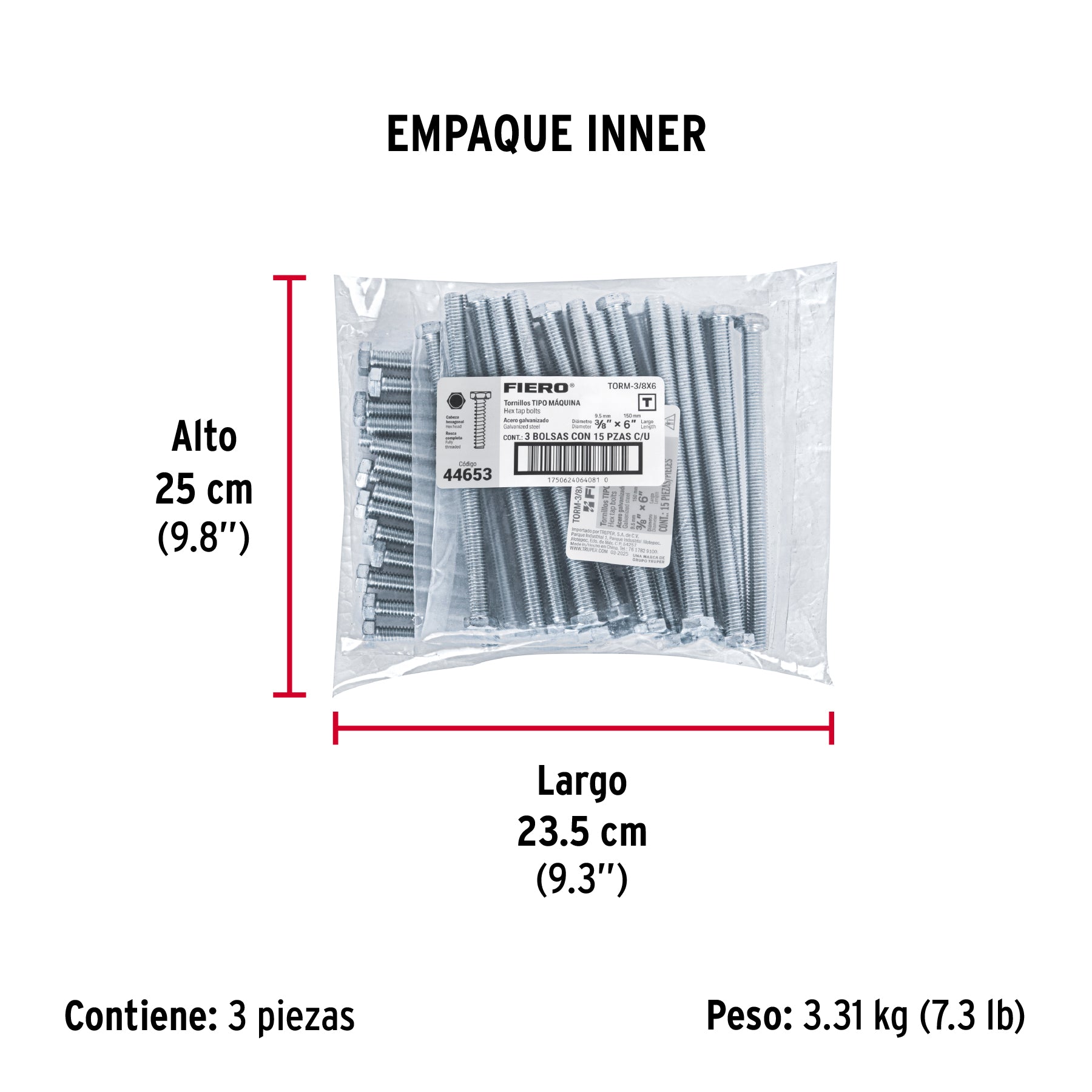 Tornillo acero galvanizado tipo máquina, 3/8X6", 15 pzas