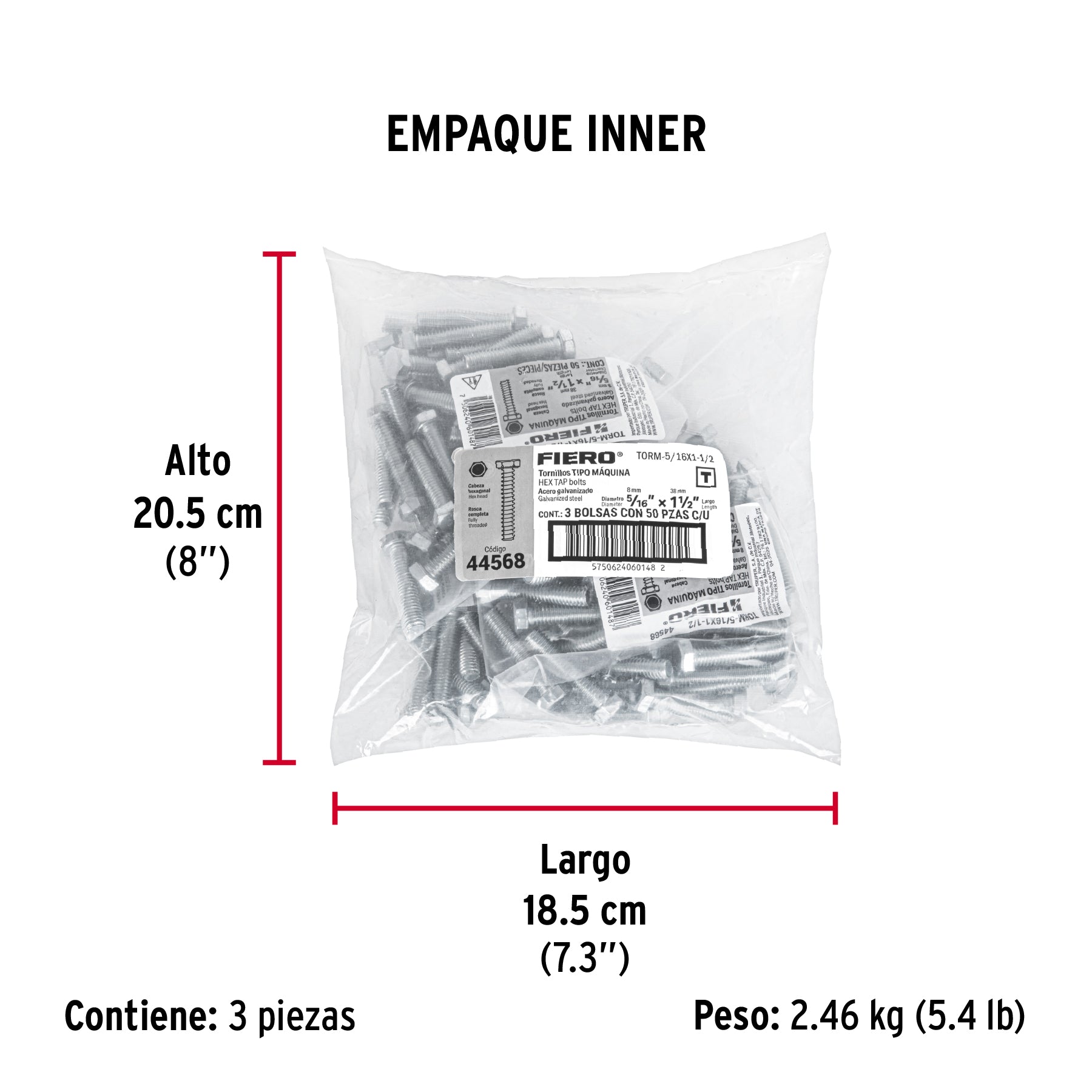 Tornillo acero galvanizado tipo máquina 5/16x1 1/2",50 pzas