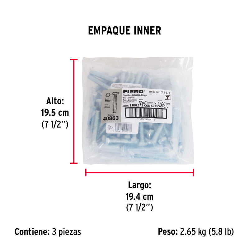 Bolsa con 50 tornillos 5/16' x 1-3/4' tipo máquina, FIERO